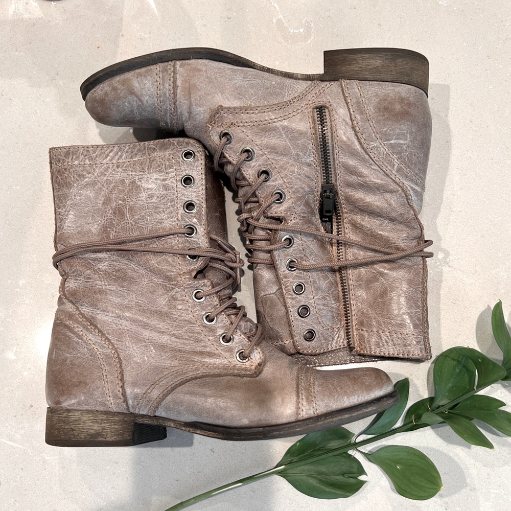 Steve Madden TroopaCombat Moto Boots with Distressed Leather and Mid-Calf Height